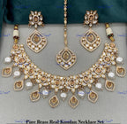 VeroniQ Trends-Beautiful Gold Plated Pearl and Kundan Polki Choker Necklace With Maang Tika and Earrings Kundan-Gold Plated-Wedding Jewelry-Punjabi Jewelry-South Indian-Thappa Jewelry