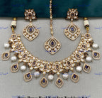 VeroniQ Trends-Beautiful Gold Plated Pearl and Kundan Polki Choker Necklace With Maang Tika and Earrings Kundan-Gold Plated-Wedding Jewelry-Punjabi Jewelry-South Indian-Thappa Jewelry