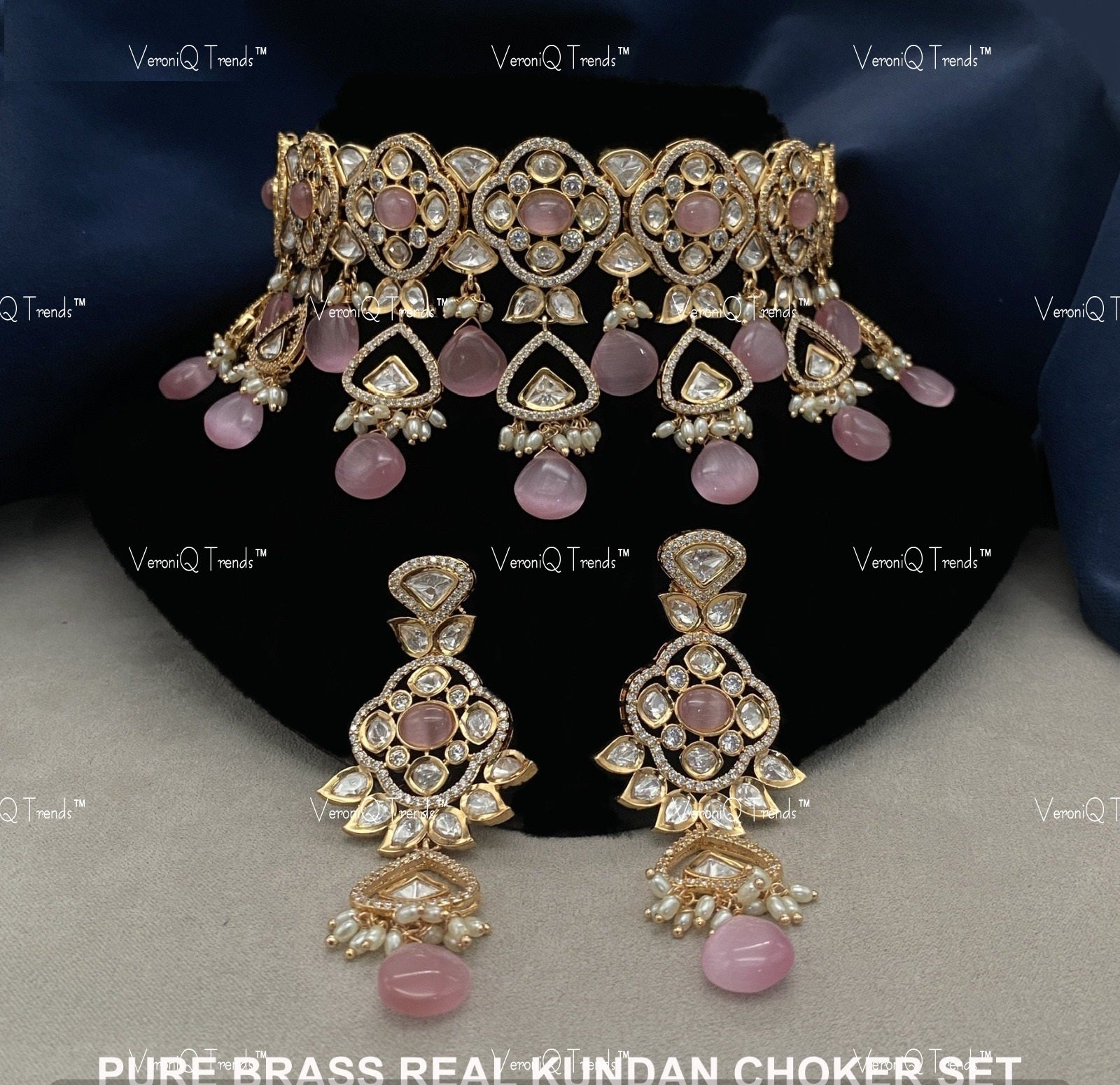VeroniQ Trends-Pink Baby Quartz Beads Kundan Polki Choker Necklace Polki-Gold Plated-Wedding Jewellery-Punjabi Jewellery-South Indian-Thappa Jewellery