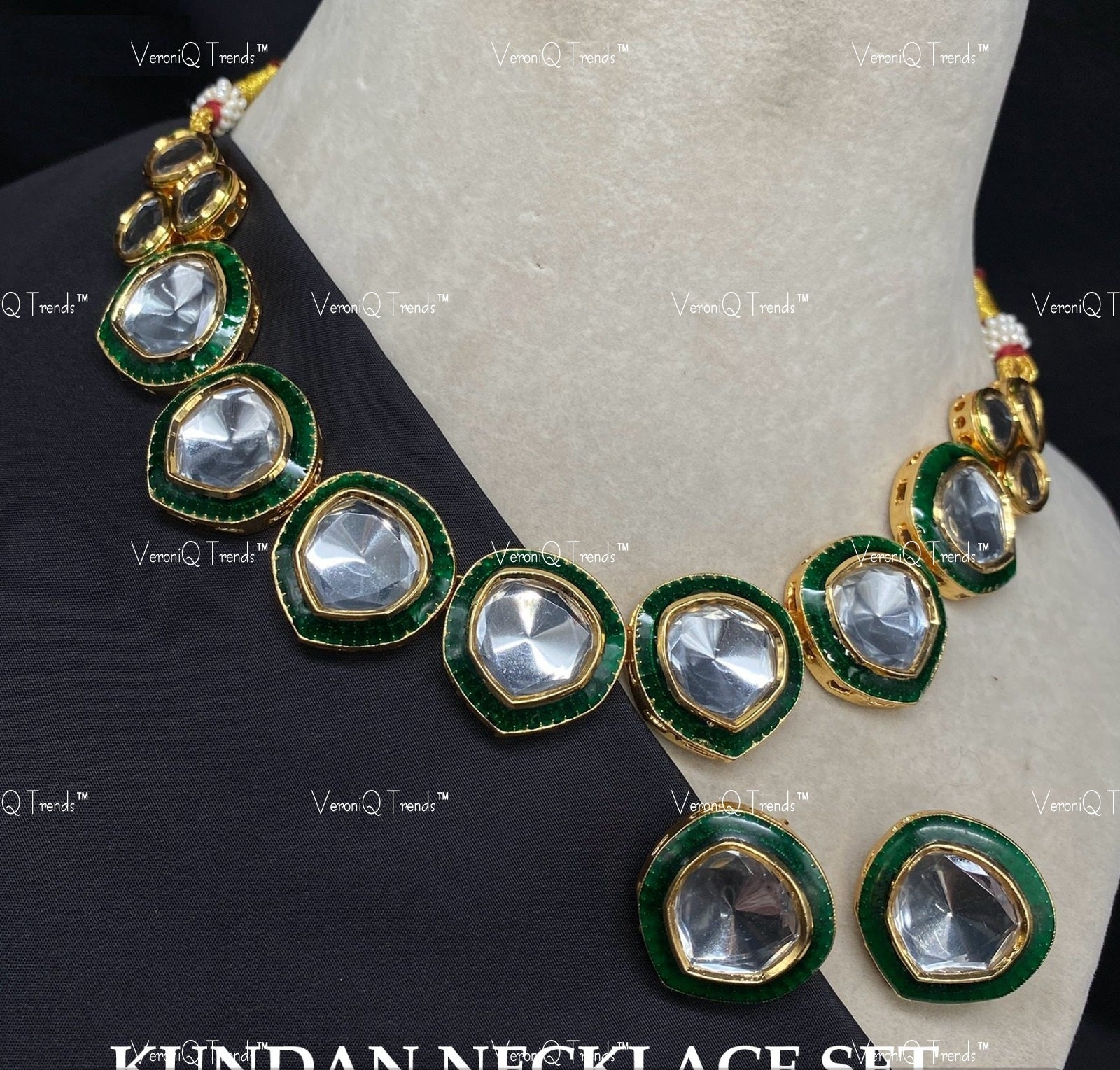 VeroniQ Trends-Cocktail Party Green Carved Kundan Polki Necklace Polki-Gold Plated-Wedding Jewellery-Punjabi Jewellery-South Indian-Thappa Jewellery