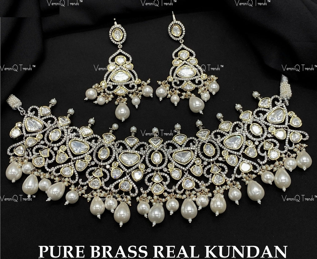 VeroniQ Trends-Victorian Beaded Kundan Polki Choker Necklace Polki-Gold Plated-Wedding Jewellery-Punjabi Jewellery-South Indian-Thappa Jewellery