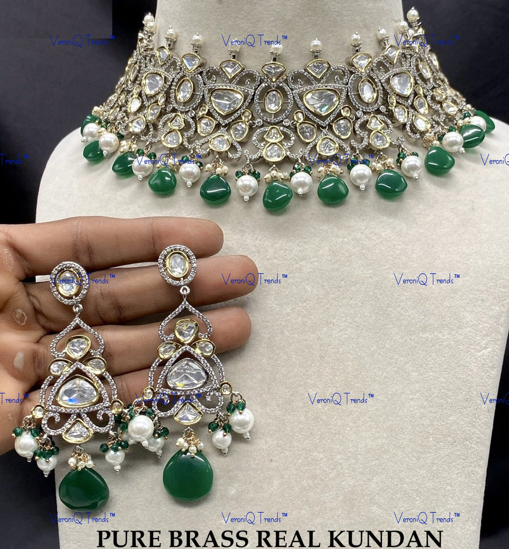 VeroniQ Trends-Victorian Beaded Kundan Polki Choker Necklace Polki-Gold Plated-Wedding Jewellery-Punjabi Jewellery-South Indian-Thappa Jewellery