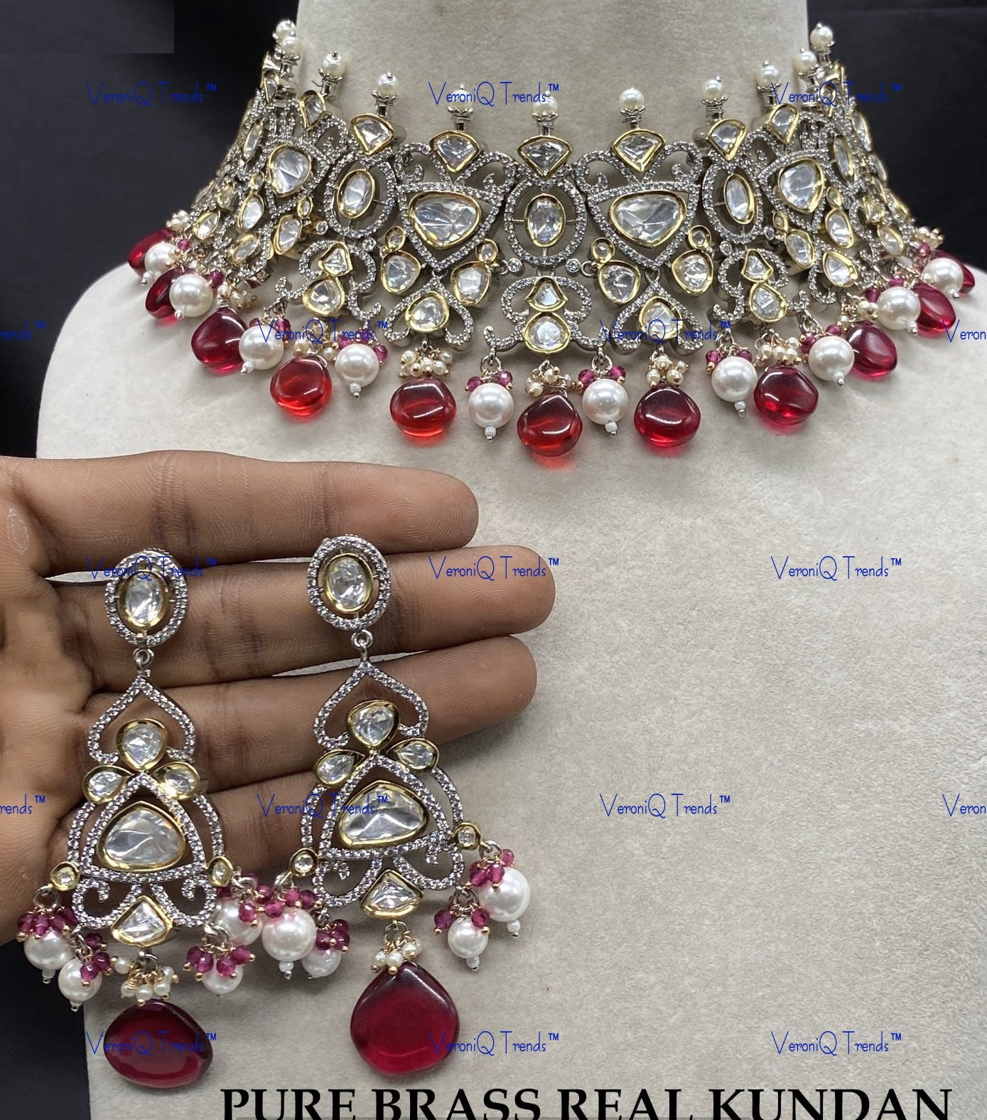 VeroniQ Trends-Victorian Beaded Kundan Polki Choker Necklace Polki-Gold Plated-Wedding Jewellery-Punjabi Jewellery-South Indian-Thappa Jewellery