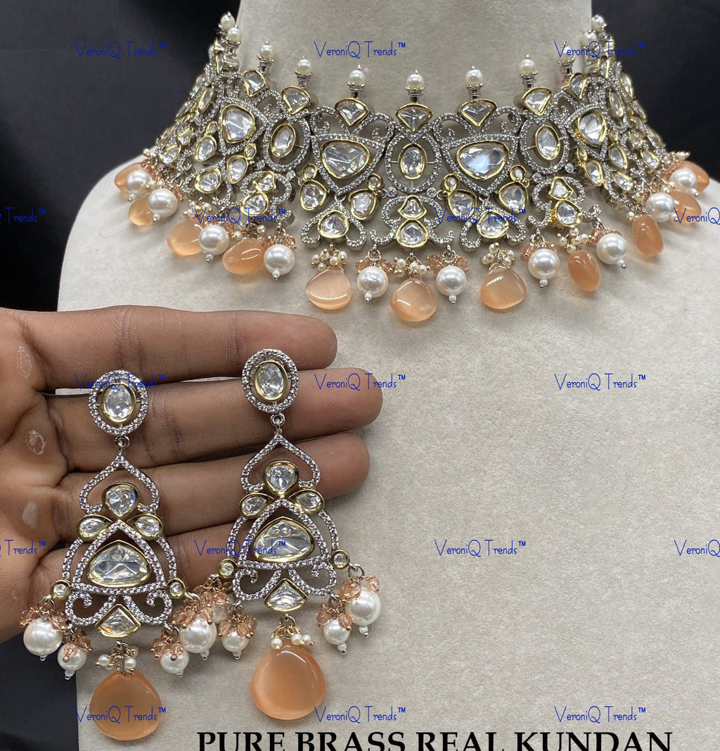 VeroniQ Trends-Victorian Beaded Kundan Polki Choker Necklace Polki-Gold Plated-Wedding Jewellery-Punjabi Jewellery-South Indian-Thappa Jewellery