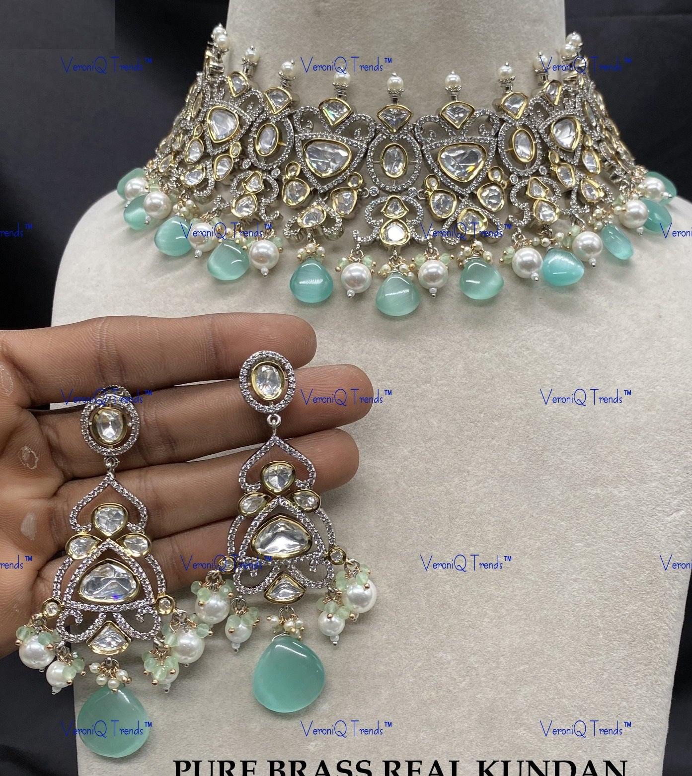VeroniQ Trends-Victorian Beaded Kundan Polki Choker Necklace Polki-Gold Plated-Wedding Jewellery-Punjabi Jewellery-South Indian-Thappa Jewellery