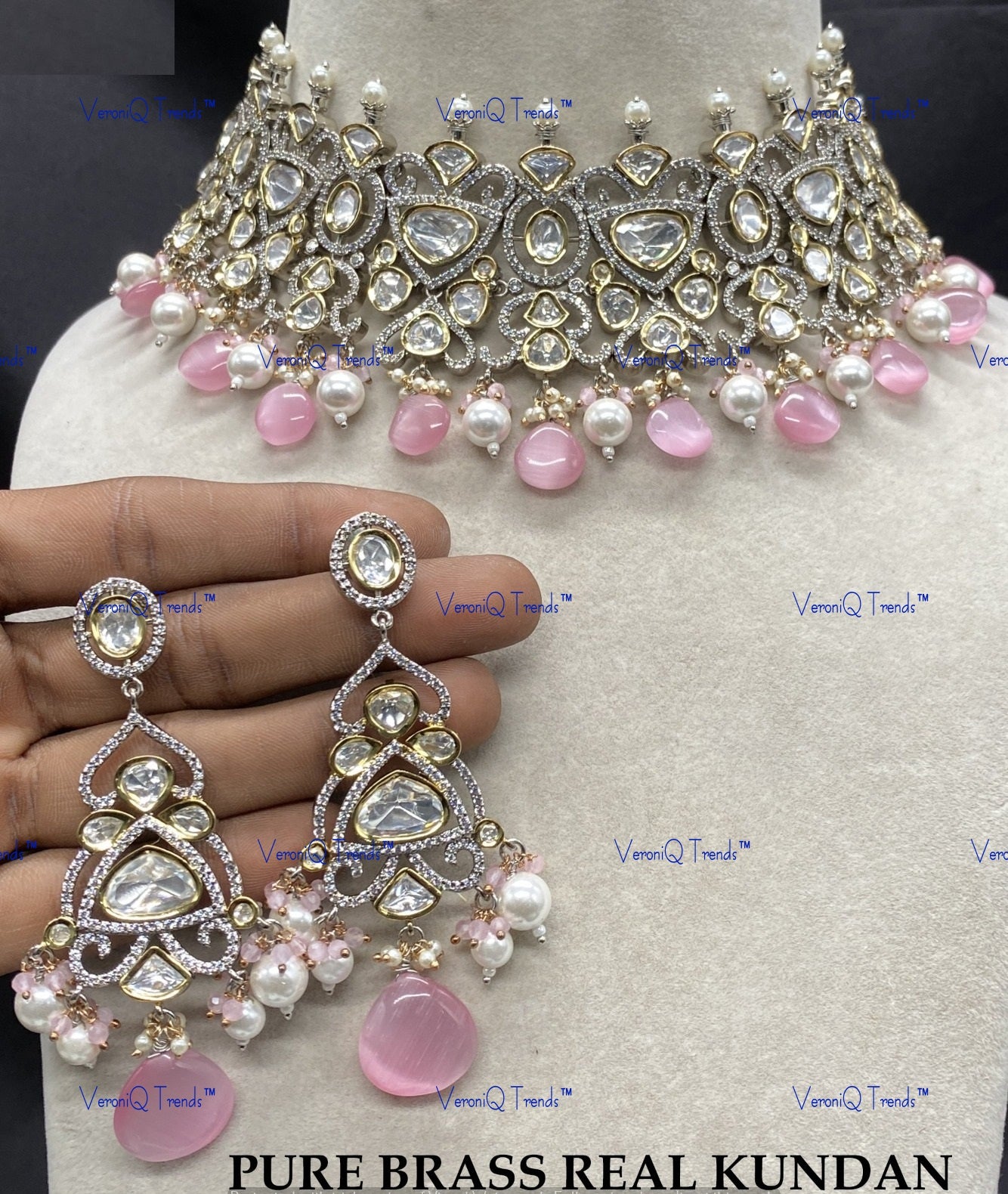 VeroniQ Trends-Victorian Beaded Kundan Polki Choker Necklace Polki-Gold Plated-Wedding Jewellery-Punjabi Jewellery-South Indian-Thappa Jewellery