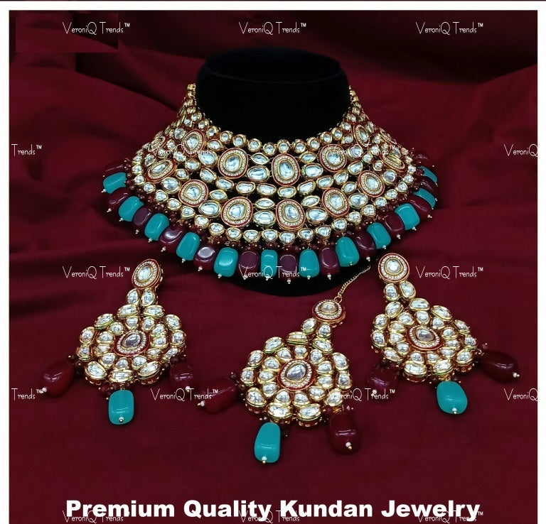 VeroniQ Trends-Traditional Bridal Carved Beaded Kundan Polki Choker Necklace With Earrings And Maang Tika Polki-Gold Plated-Wedding Jewellery-Punjabi Jewellery-South Indian-Thappa Jewellery