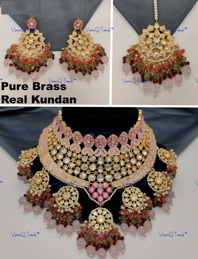 VeroniQ Trends-Traditional Bridal Gold Plated Meenakari Kundan Polki Choker Necklace Kundan-Gold Plated-Wedding Jewellery-Punjabi Jewellery-South Indian-Thappa Jewellery