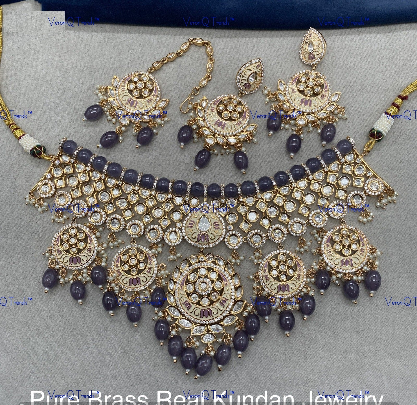 VeroniQ Trends-Traditional Rajasthani Bridal Gold Plated Beaded Kundan Polki Choker Necklace Polki-Gold Plated-Wedding Jewellery-Punjabi Jewellery-South Indian-Thappa Jewellery