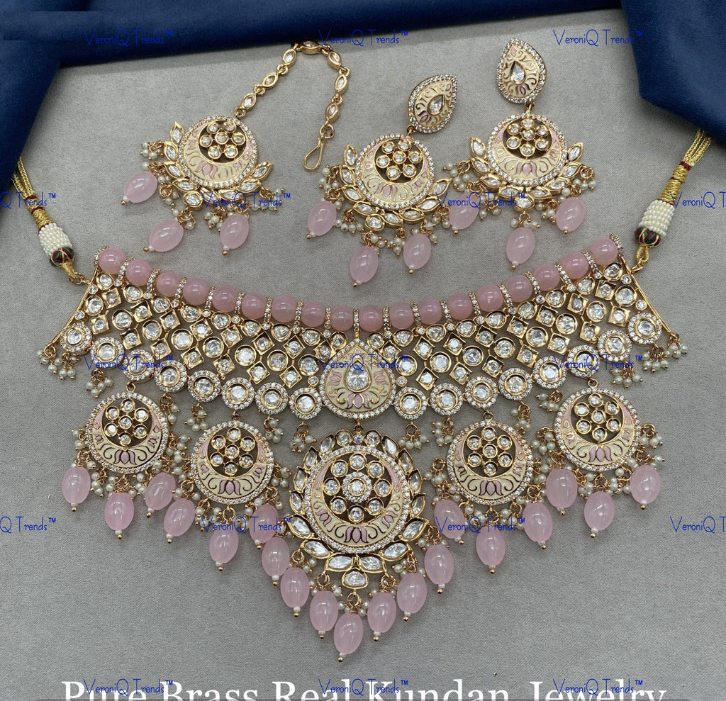 VeroniQ Trends-Traditional Rajasthani Bridal Gold Plated Beaded Kundan Polki Choker Necklace Polki-Gold Plated-Wedding Jewellery-Punjabi Jewellery-South Indian-Thappa Jewellery