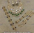 VeroniQ Trends-Traditional Bridal Uncut Polki With Green Beads Kundan Polki Choker Necklace With Matha Patti Earrings And Haath Phool Polki-Gold Plated-Wedding Jewellery-Punjabi Jewellery-South Indian-Thappa Jewellery