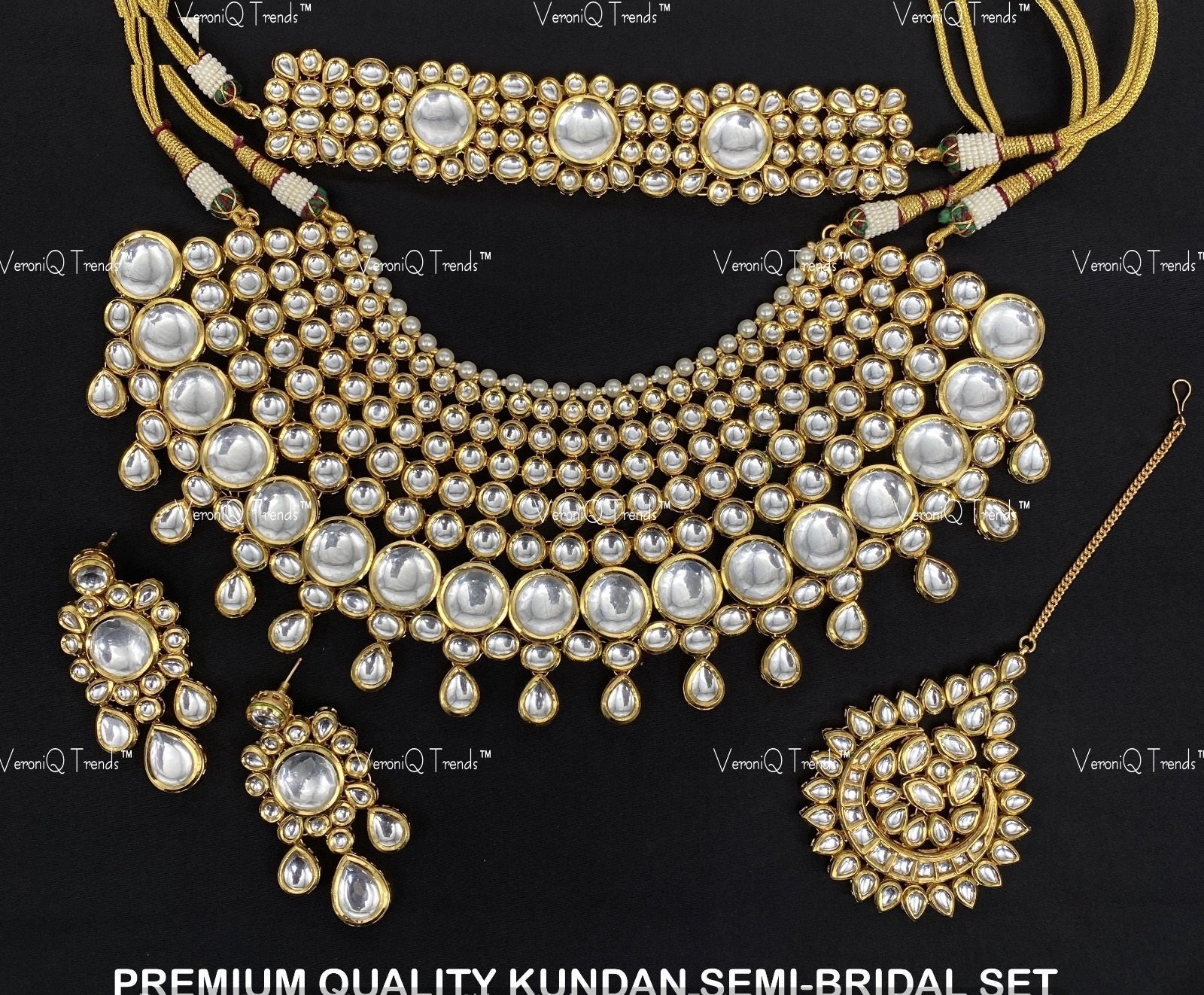 VeroniQ Trends-Traditional Bridal Diamond Look Kundan Polki Choker And Collar Necklace With Maang Tika Earrings Polki-Gold Plated-Wedding Jewellery-Punjabi Jewellery-South Indian-Thappa Jewellery