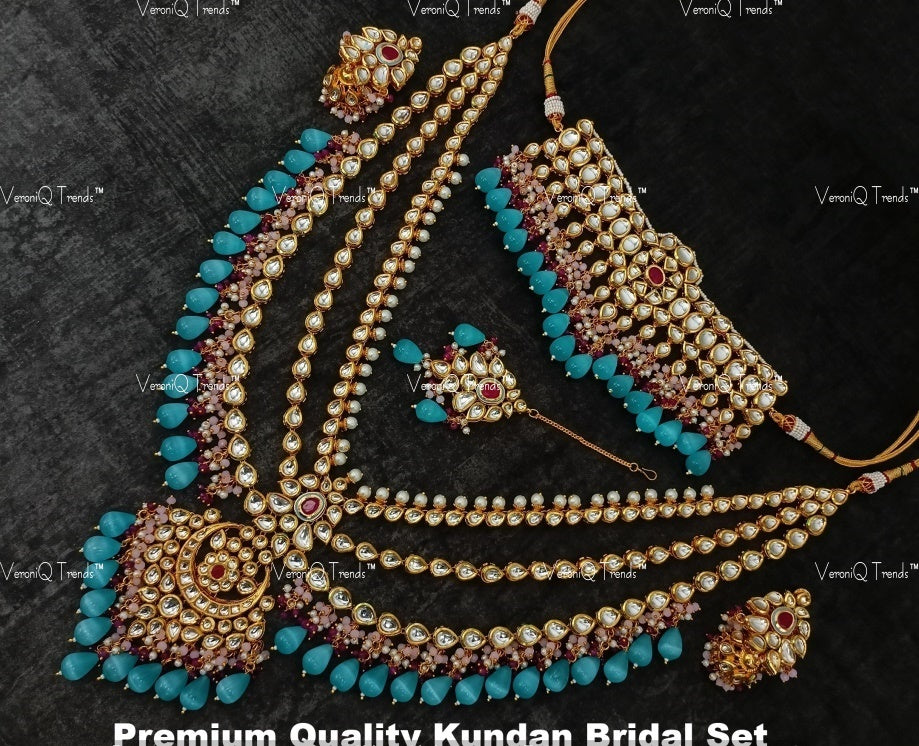VeroniQ Trends-Traditional Bridal Multi-Line Turquoise Blue Beads Kundan Polki Choker And Long Necklace Polki-Gold Plated-Wedding Jewellery-Punjabi Jewellery-South Indian-Thappa Jewellery