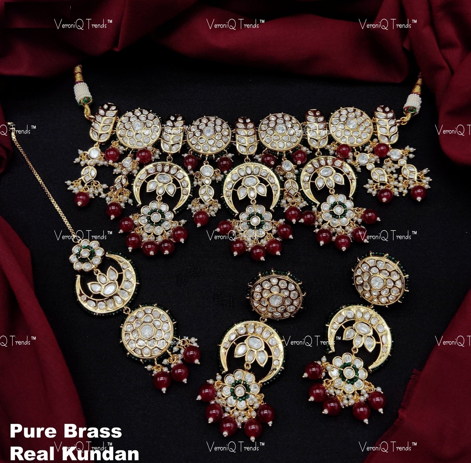 VeroniQ Trends-Traditional Bridal Chandbali Style Kundan Polki Choker Necklace With Red Beads Polki-Gold Plated-Wedding Jewellery-Punjabi Jewellery-South Indian-Thappa Jewellery