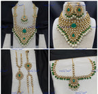 VeroniQ Trends-Traditional Bridal Emerald Green Kundan Polki Long Choker Necklace With Earrings Haath Phool Maang Tika And Matha Patti Polki-Gold Plated-Wedding Jewelry-Punjabi Jewelry-South Indian-Thappa Jewelry