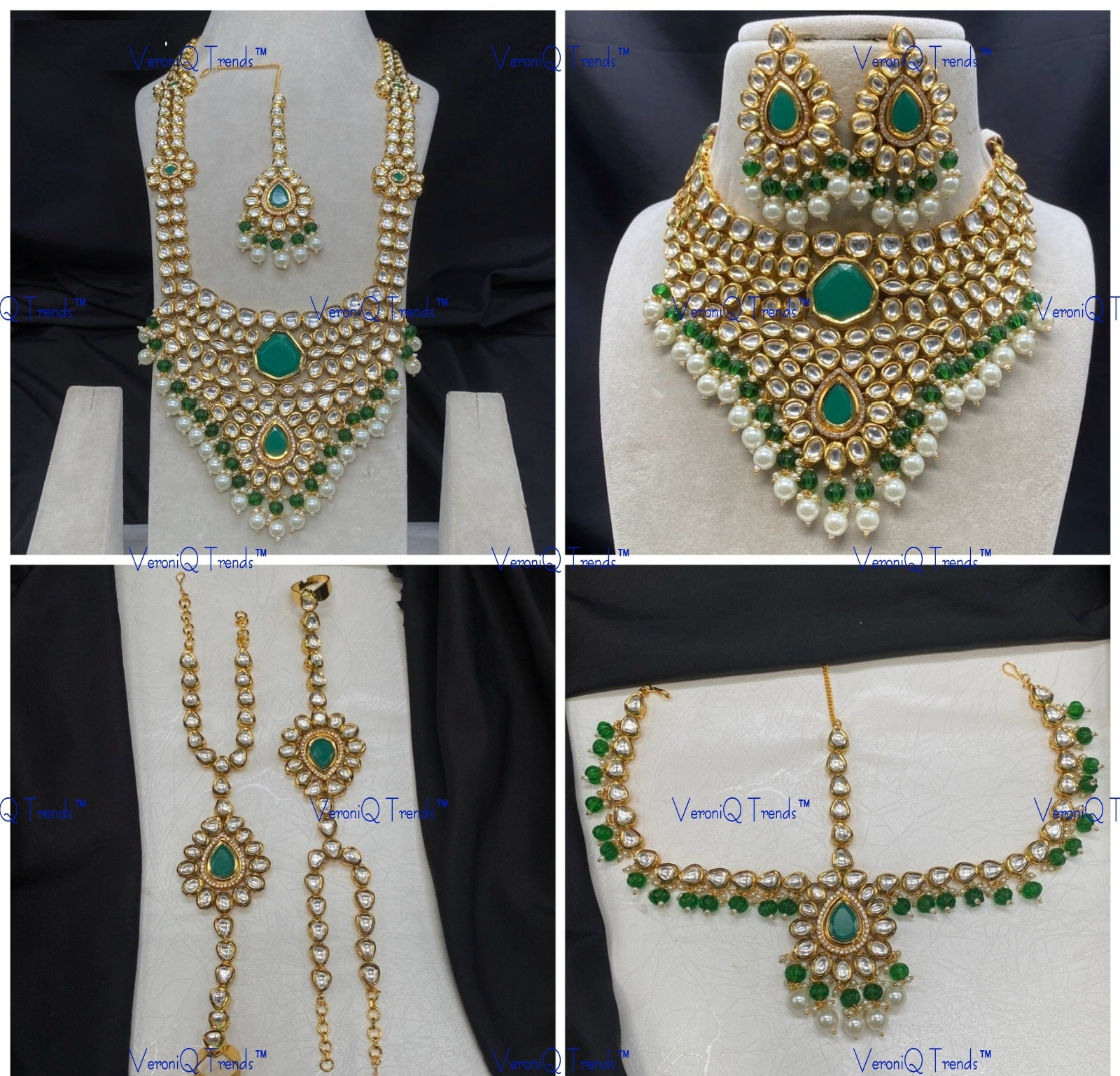 VeroniQ Trends-Traditional Bridal Emerald Green Kundan Polki Long Choker Necklace With Earrings Haath Phool Maang Tika And Matha Patti Polki-Gold Plated-Wedding Jewellery-Punjabi Jewellery-South Indian-Thappa Jewellery