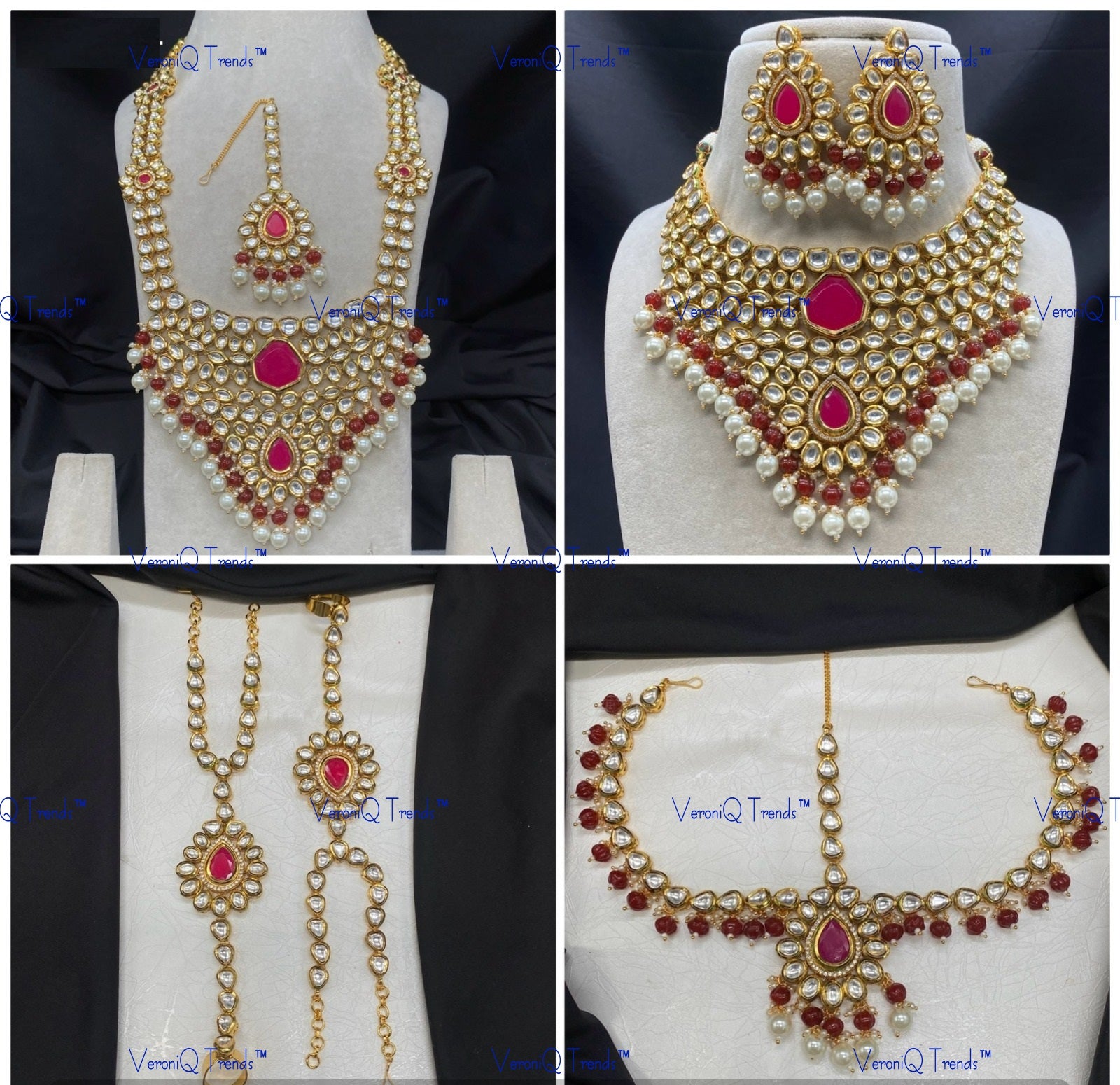 VeroniQ Trends-Traditional Bridal Emerald Green Kundan Polki Long Choker Necklace With Earrings Haath Phool Maang Tika And Matha Patti Polki-Gold Plated-Wedding Jewellery-Punjabi Jewellery-South Indian-Thappa Jewellery