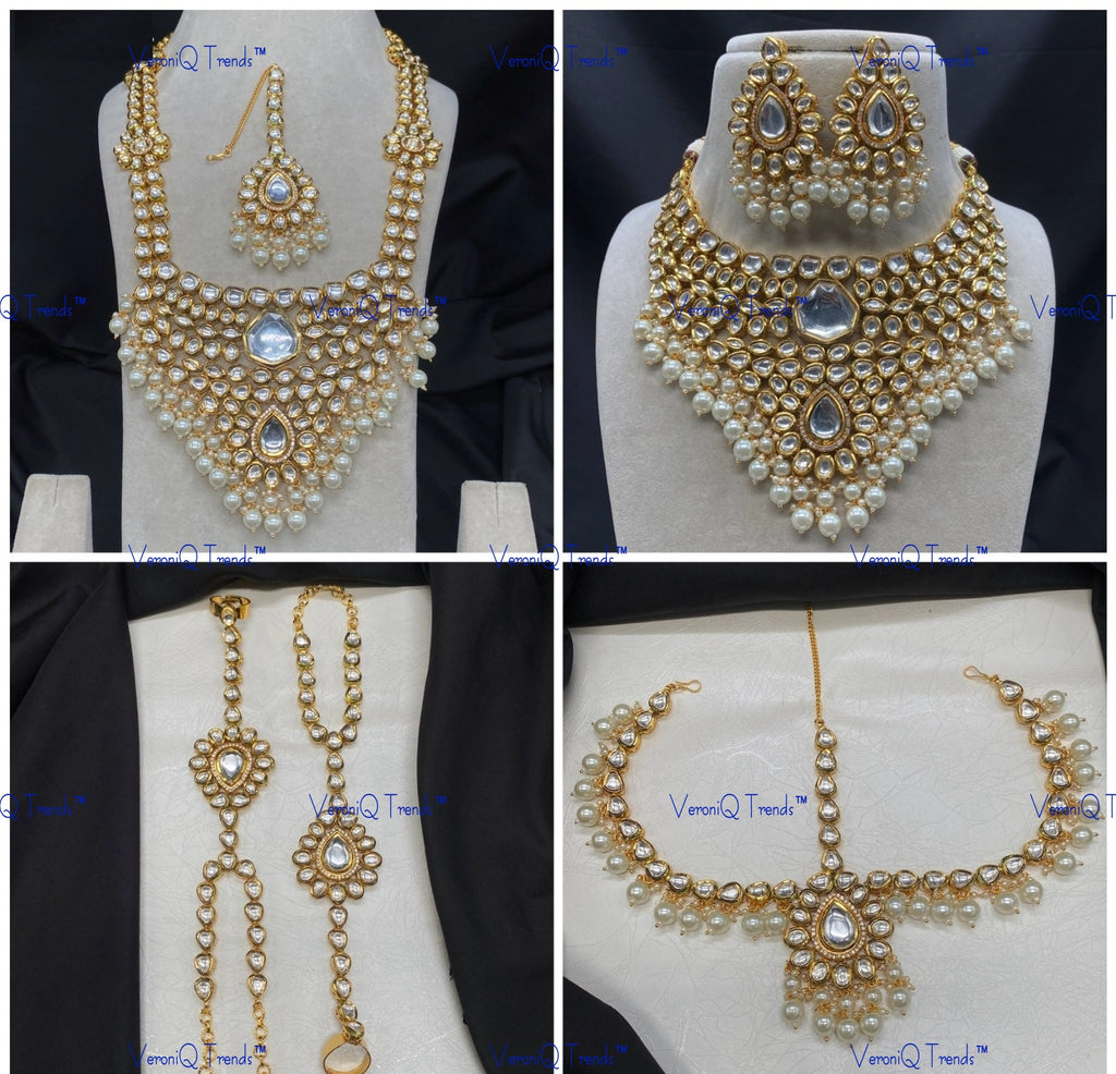 VeroniQ Trends-Traditional Bridal Emerald Green Kundan Polki Long Choker Necklace With Earrings Haath Phool Maang Tika And Matha Patti Polki-Gold Plated-Wedding Jewellery-Punjabi Jewellery-South Indian-Thappa Jewellery