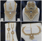 VeroniQ Trends-Traditional Bridal Emerald Green Kundan Polki Long Choker Necklace With Earrings Haath Phool Maang Tika And Matha Patti Polki-Gold Plated-Wedding Jewelry-Punjabi Jewelry-South Indian-Thappa Jewelry
