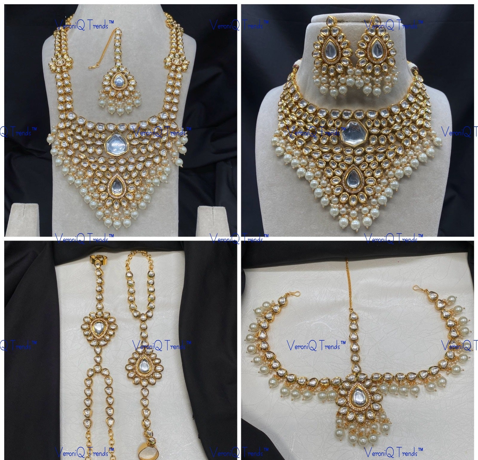VeroniQ Trends-Traditional Bridal Emerald Green Kundan Polki Long Choker Necklace With Earrings Haath Phool Maang Tika And Matha Patti Polki-Gold Plated-Wedding Jewellery-Punjabi Jewellery-South Indian-Thappa Jewellery