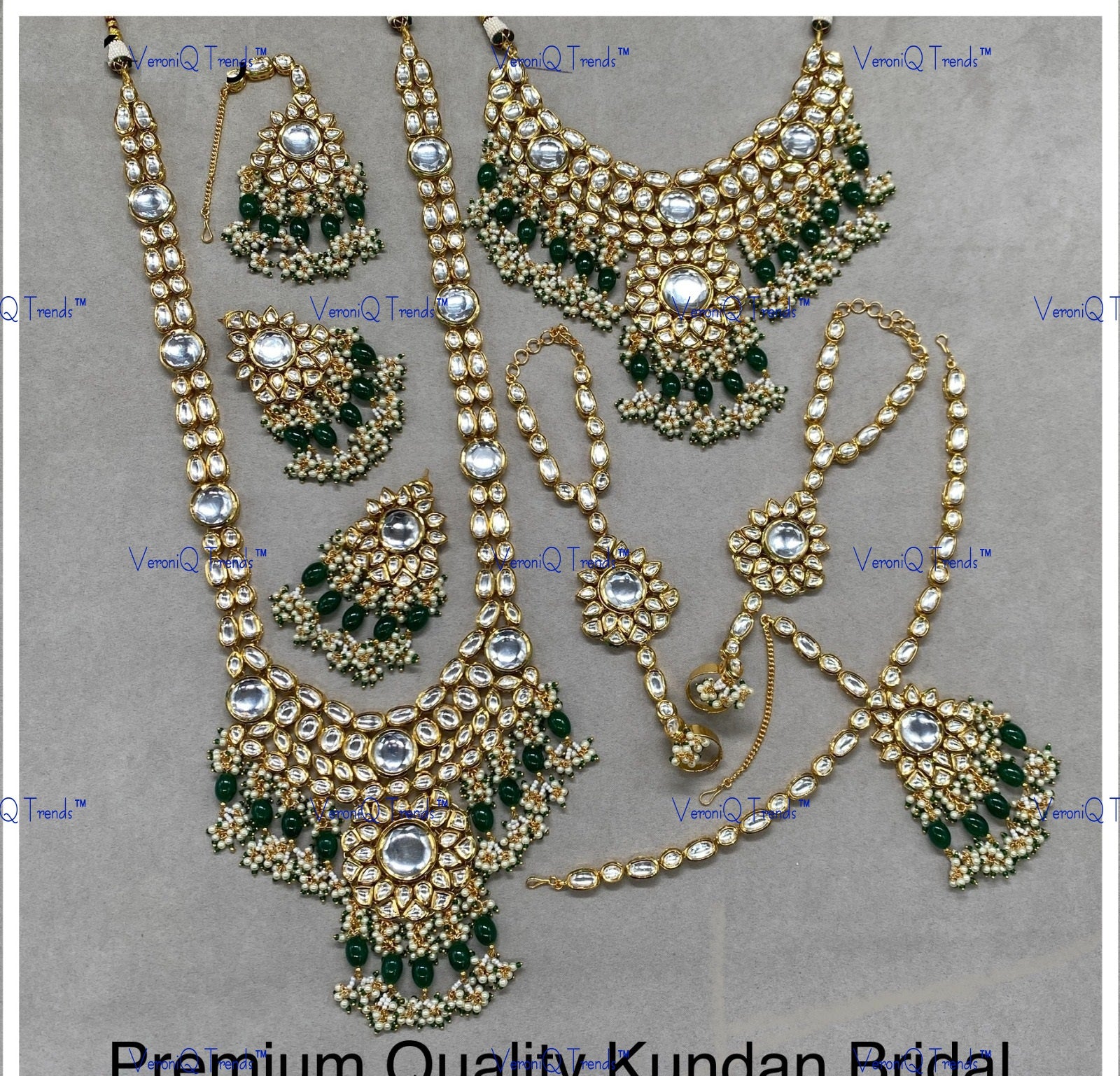 VeroniQ Trends-Traditional Bridal Emerald Green Beads Kundan Polki Long Choker Necklace With Earrings Haath Phool Maang Tika And Matha Patti Polki-Gold Plated-Wedding Jewellery-Punjabi Jewellery-South Indian-Thappa Jewellery