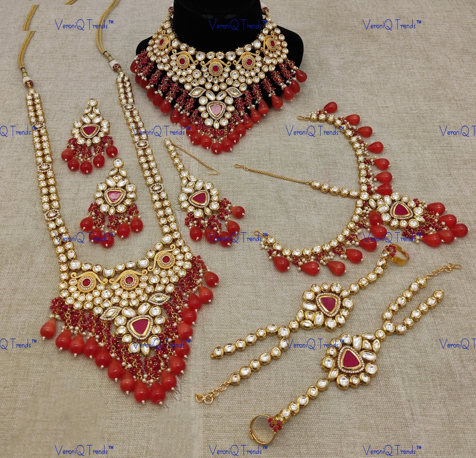 VeroniQ Trends-Traditional Bridal Red Beads High Quality Kundan Polki Long Choker Necklace With Earrings Haath Phool Maang Tika And Matha Patti Polki-Gold Plated-Wedding Jewellery-Punjabi Jewellery-South Indian-Thappa Jewellery