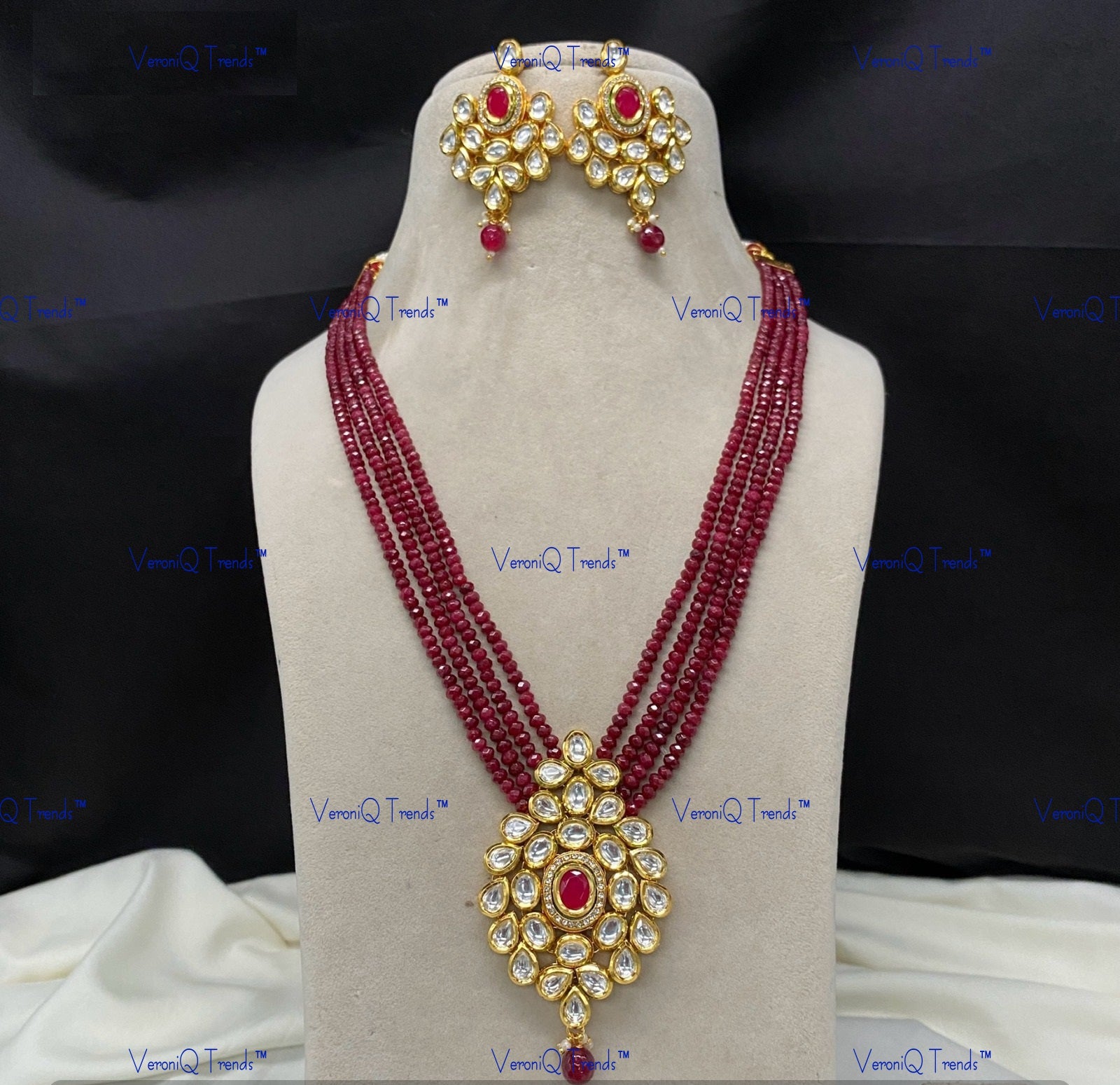 VeroniQ Trends-Traditional Multistrand Gold Plated Beads Kundan Polki Long Necklace Kundan-Gold Plated-Wedding Jewellery-Punjabi Jewellery-South Indian-Thappa Jewellery