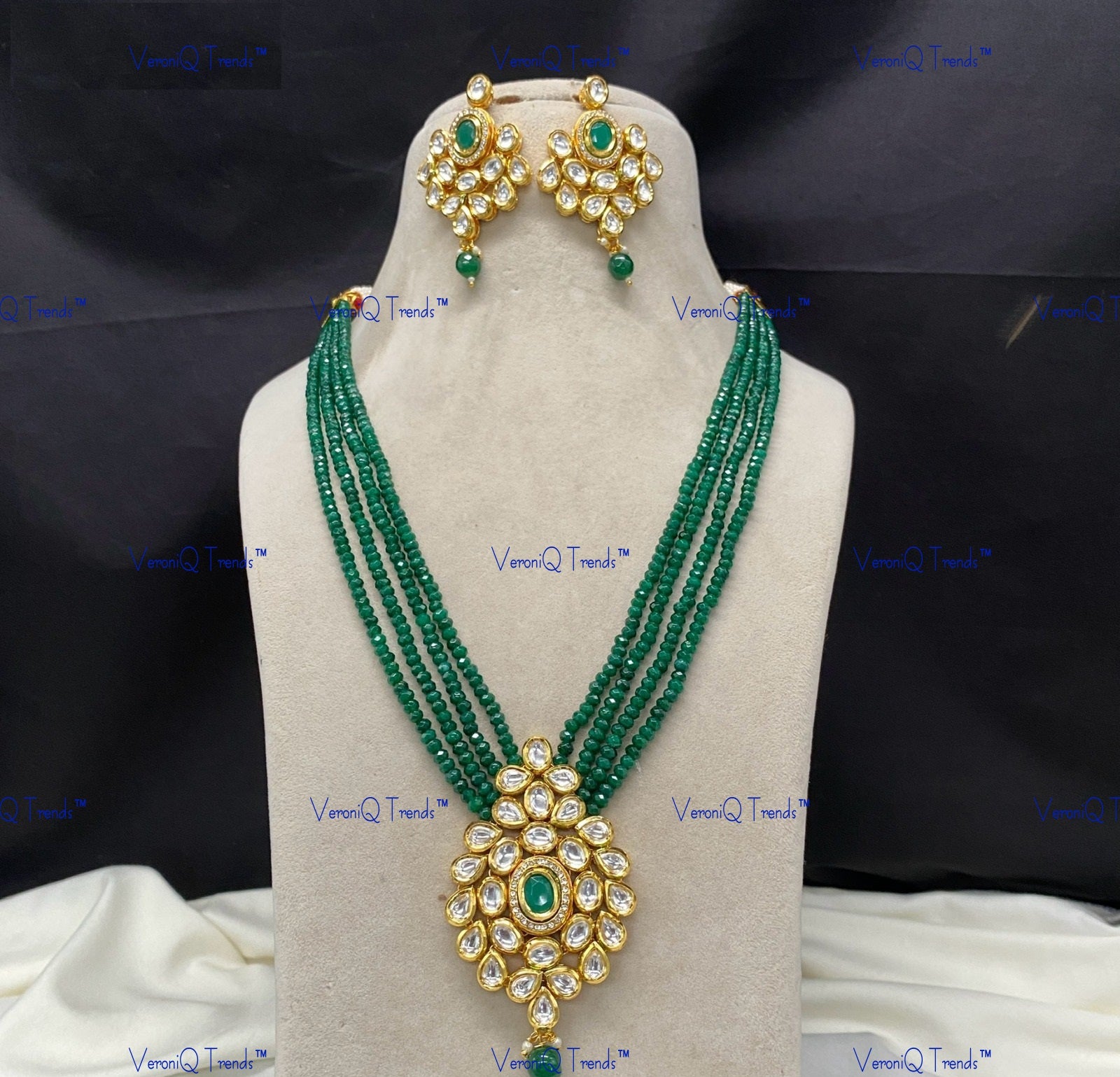 VeroniQ Trends-Traditional Multistrand Gold Plated Beads Kundan Polki Long Necklace Kundan-Gold Plated-Wedding Jewellery-Punjabi Jewellery-South Indian-Thappa Jewellery