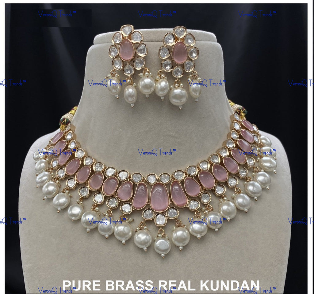 VeroniQ Trends-Pearl High Quality Kundan Polki Necklace Polki-Gold Plated-Wedding Jewellery-Punjabi Jewellery-South Indian-Thappa Jewellery