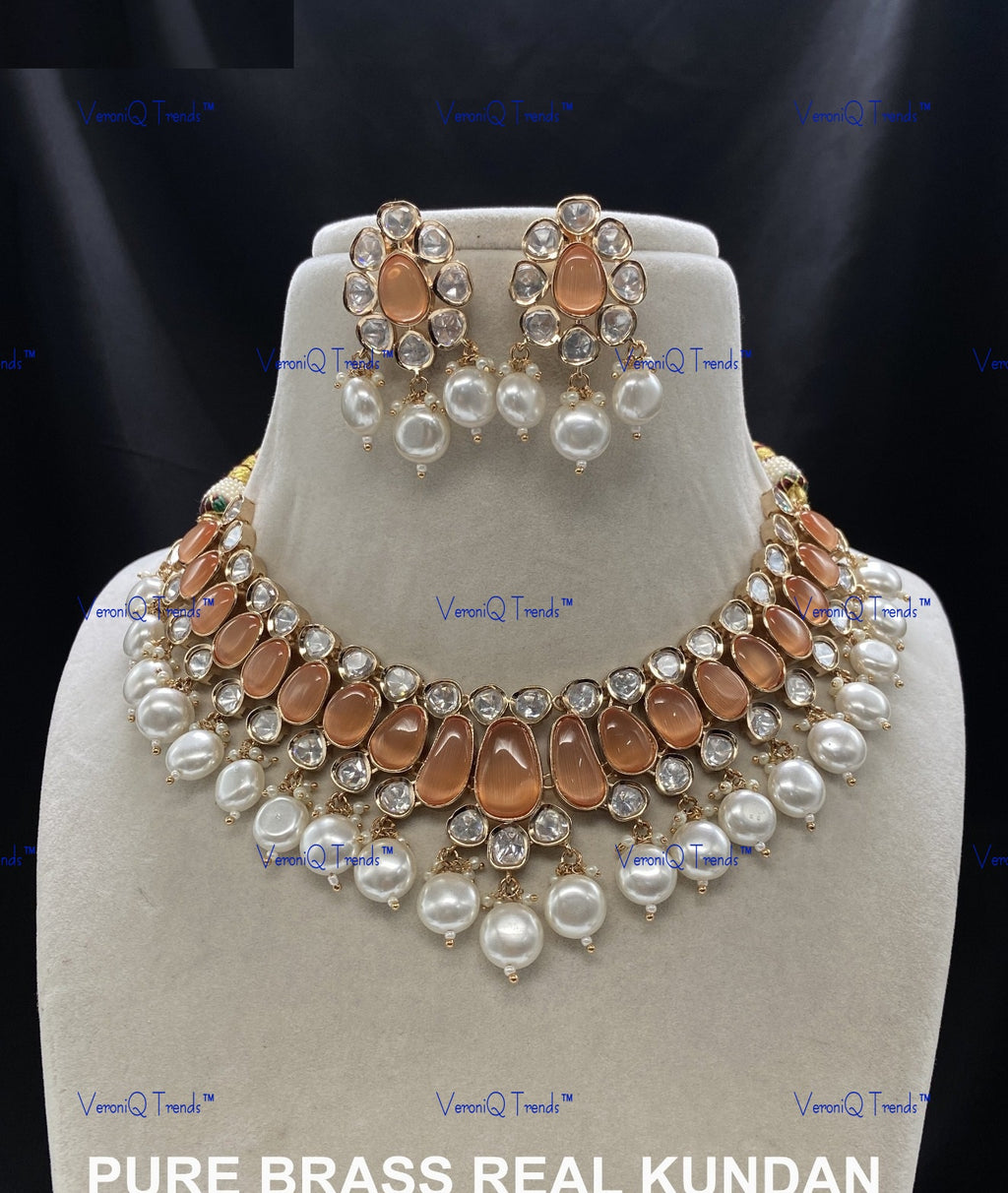 VeroniQ Trends-Pearl High Quality Kundan Polki Necklace Polki-Gold Plated-Wedding Jewellery-Punjabi Jewellery-South Indian-Thappa Jewellery