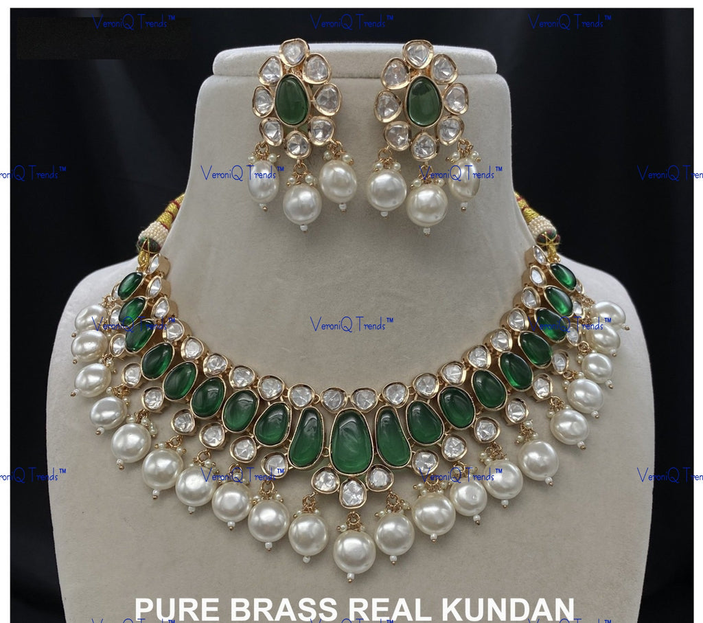 VeroniQ Trends-Pearl High Quality Kundan Polki Necklace Polki-Gold Plated-Wedding Jewellery-Punjabi Jewellery-South Indian-Thappa Jewellery