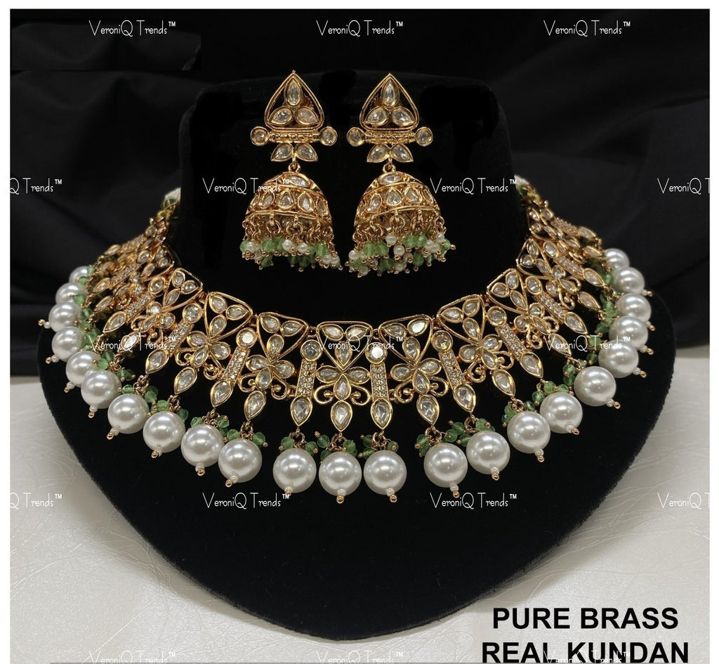 VeroniQ Trends-Traditional Bridal Gold Plated Kundan Polki Choker Necklace with Jhumki Earrings Kundan-Gold Plated-Wedding Jewellery-Punjabi Jewellery-South Indian-Thappa Jewellery