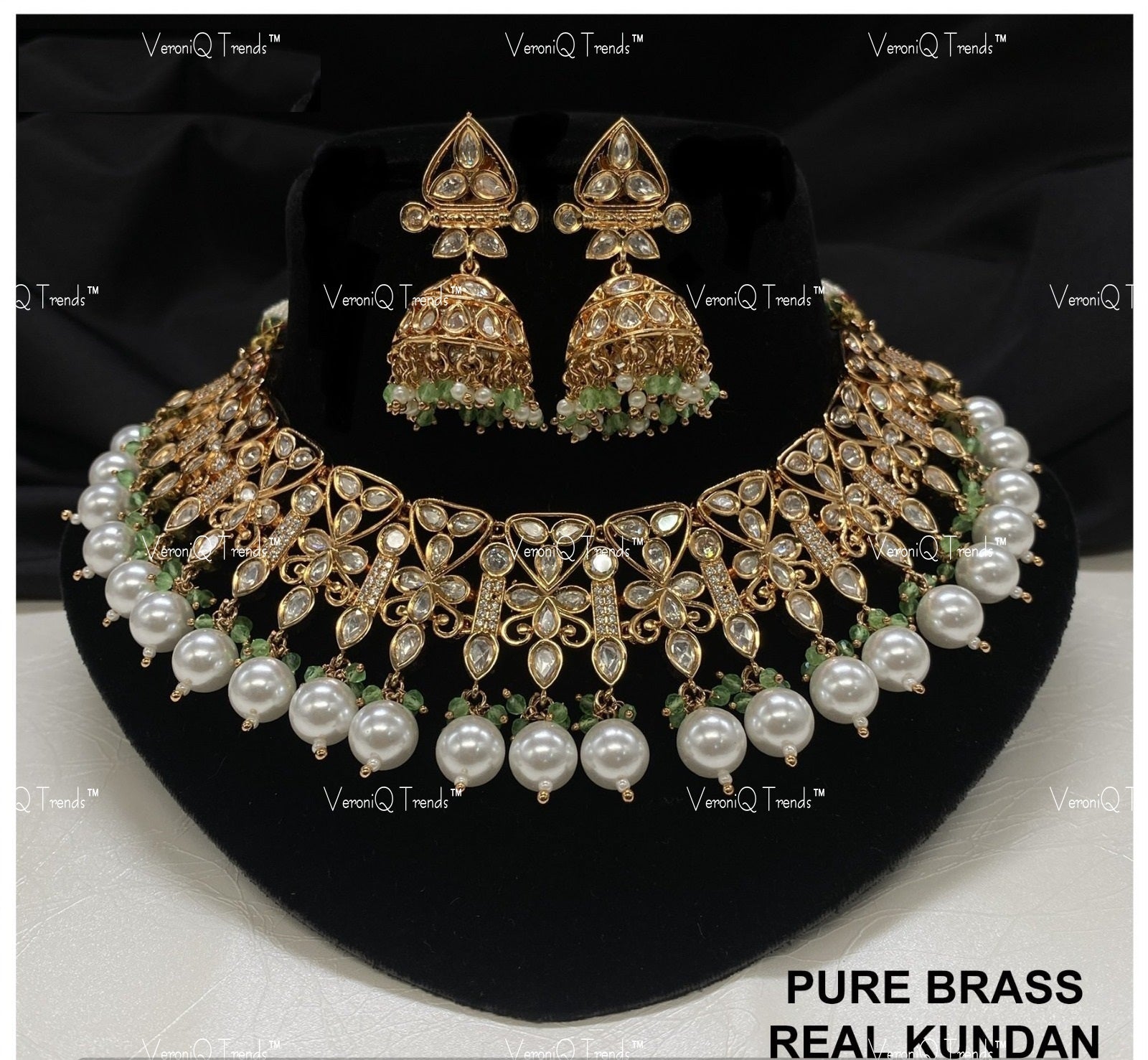 VeroniQ Trends-Traditional Bridal Gold Plated Kundan Polki Choker Necklace with Jhumki Earrings Kundan-Gold Plated-Wedding Jewellery-Punjabi Jewellery-South Indian-Thappa Jewellery