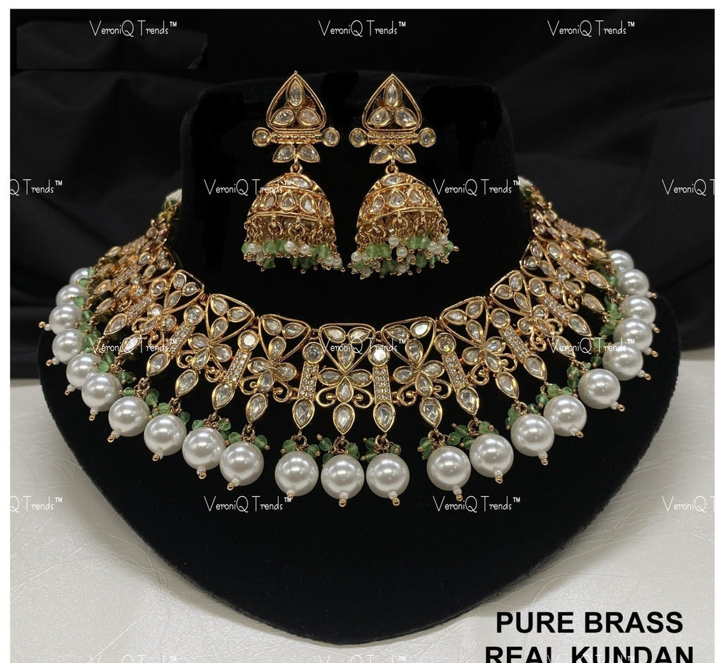 VeroniQ Trends-Traditional Bridal Gold Plated Kundan Polki Choker Necklace with Jhumki Earrings Kundan-Gold Plated-Wedding Jewellery-Punjabi Jewellery-South Indian-Thappa Jewellery