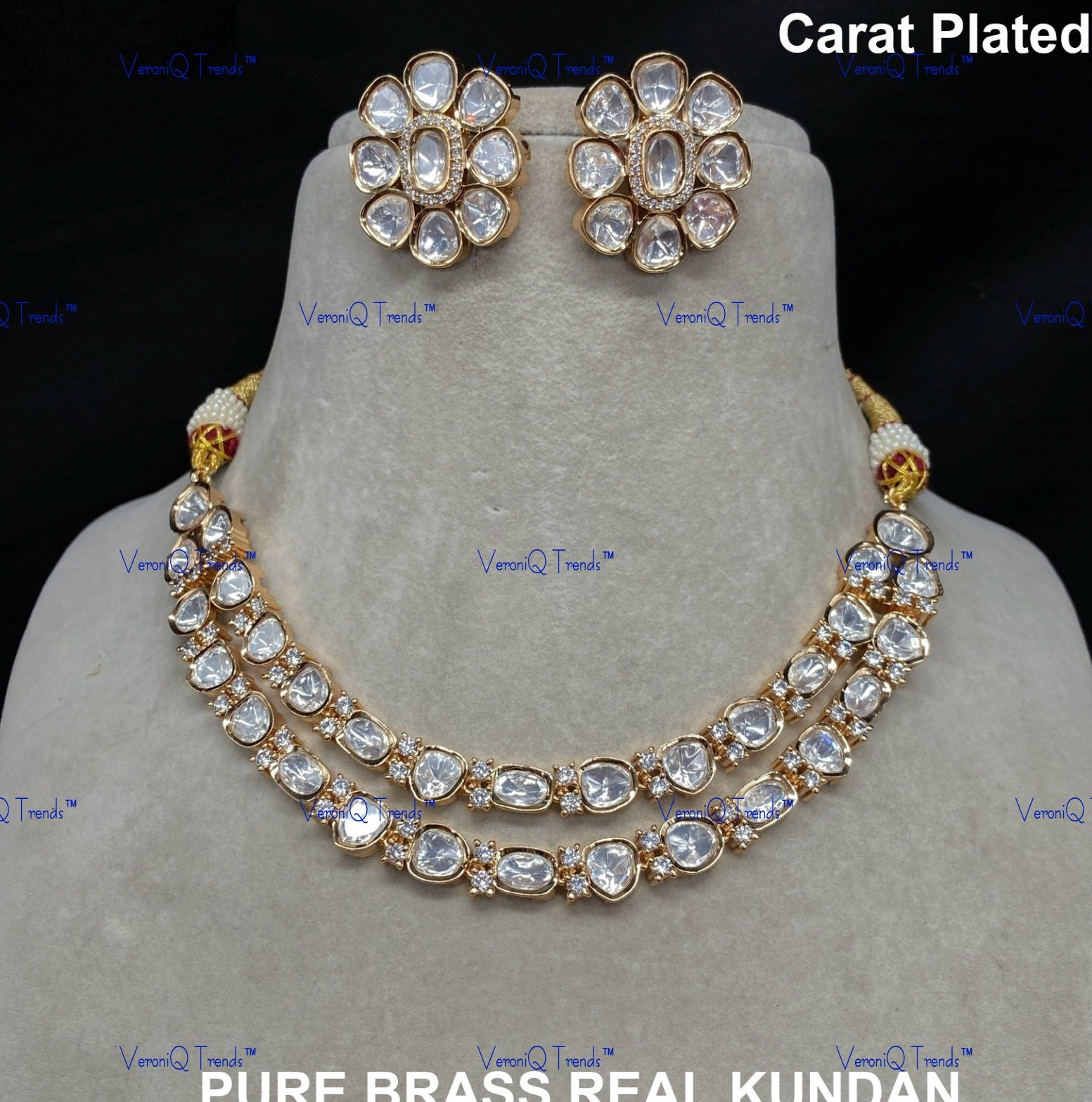VeroniQ Trends-Cocktail Party Diamond Look Double Line Kundan Polki Necklace Polki-Gold Plated-Wedding Jewellery-Punjabi Jewellery-South Indian-Thappa Jewellery