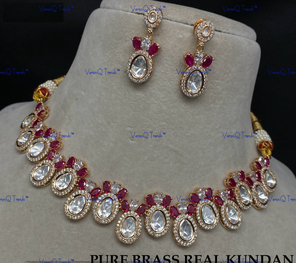 VeroniQ Trends-Cocktail Party Diamond Look Real Kundan Polki Necklace Polki-Gold Plated-Wedding Jewellery-Punjabi Jewellery-South Indian-Thappa Jewellery