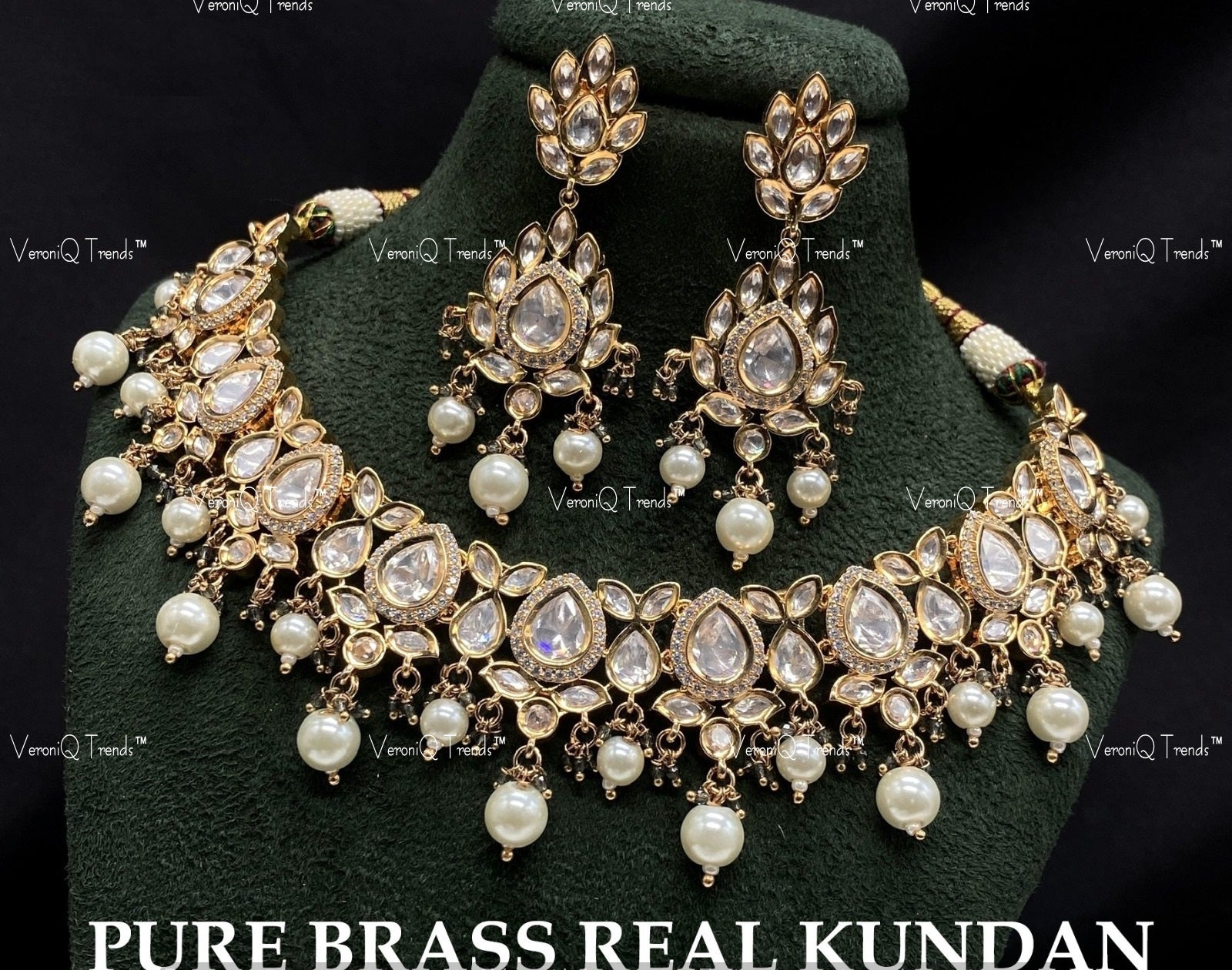 VeroniQ Trends-Royal Kundan Polki Necklace With CZ Stone Polki-Gold Plated-Wedding Jewellery-Punjabi Jewellery-South Indian-Thappa Jewellery