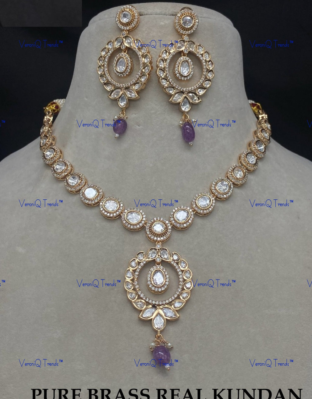 VeroniQ Trends-Royal Single Line Kundan Polki Necklace With CZ Stone Polki-Gold Plated-Wedding Jewellery-Punjabi Jewellery-South Indian-Thappa Jewellery
