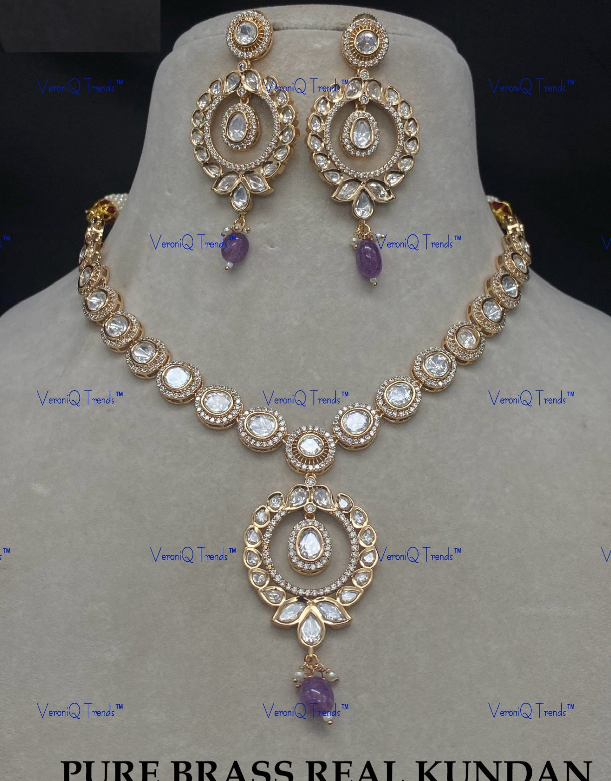 VeroniQ Trends-Royal Single Line Kundan Polki Necklace With CZ Stone Polki-Gold Plated-Wedding Jewellery-Punjabi Jewellery-South Indian-Thappa Jewellery