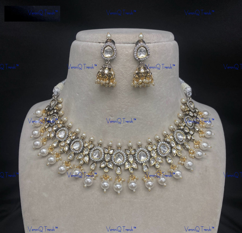 VeroniQ Trends-Tradiotional Gold Plated Pearl Kundan Polki Choker Necklace Kundan-Gold Plated-Wedding Jewellery-Punjabi Jewellery-South Indian-Thappa Jewellery