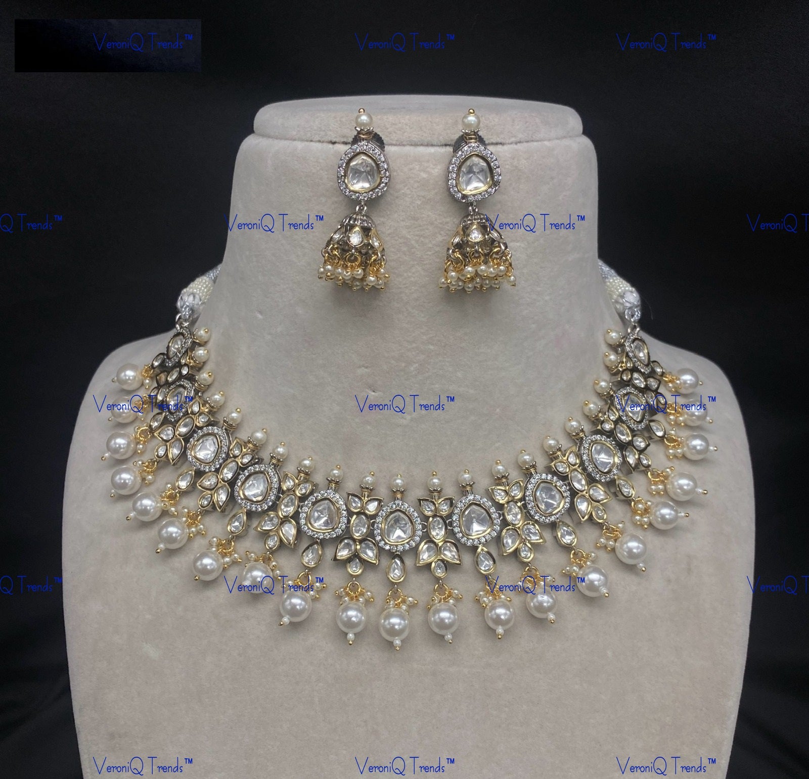 VeroniQ Trends-Tradiotional Gold Plated Pearl Kundan Polki Choker Necklace Kundan-Gold Plated-Wedding Jewellery-Punjabi Jewellery-South Indian-Thappa Jewellery