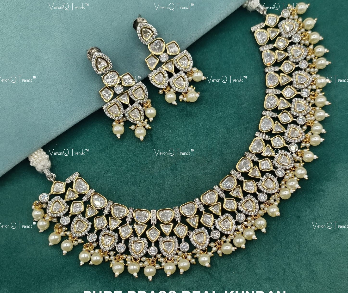 VeroniQ Trends-Elegant Pearl Polki Necklace With CZ Stone Polki-Gold Plated-Wedding Jewellery-Punjabi Jewellery-South Indian-Thappa Jewellery