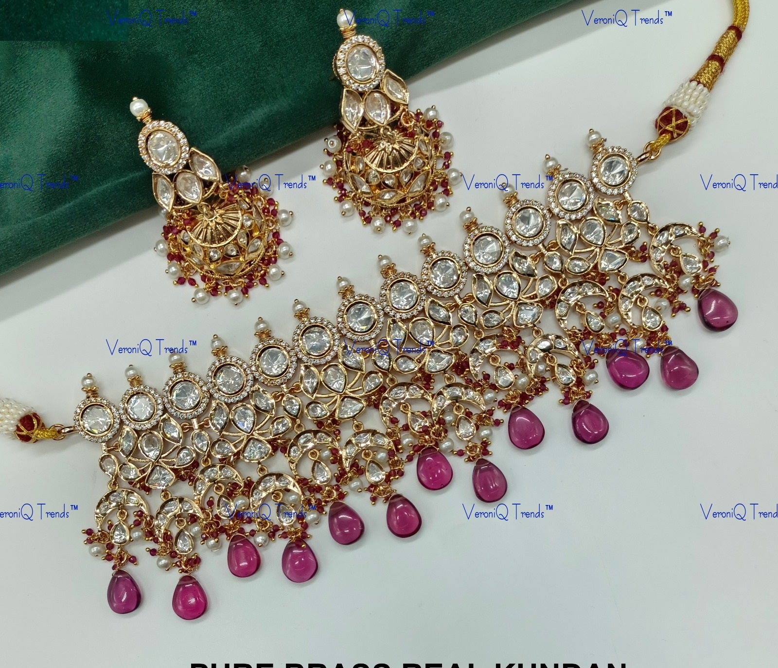 VeroniQ Trends-Traditional Kundan Polki Chandbali Choker Necklace With Beads Polki-Gold Plated-Wedding Jewellery-Punjabi Jewellery-South Indian-Thappa Jewellery