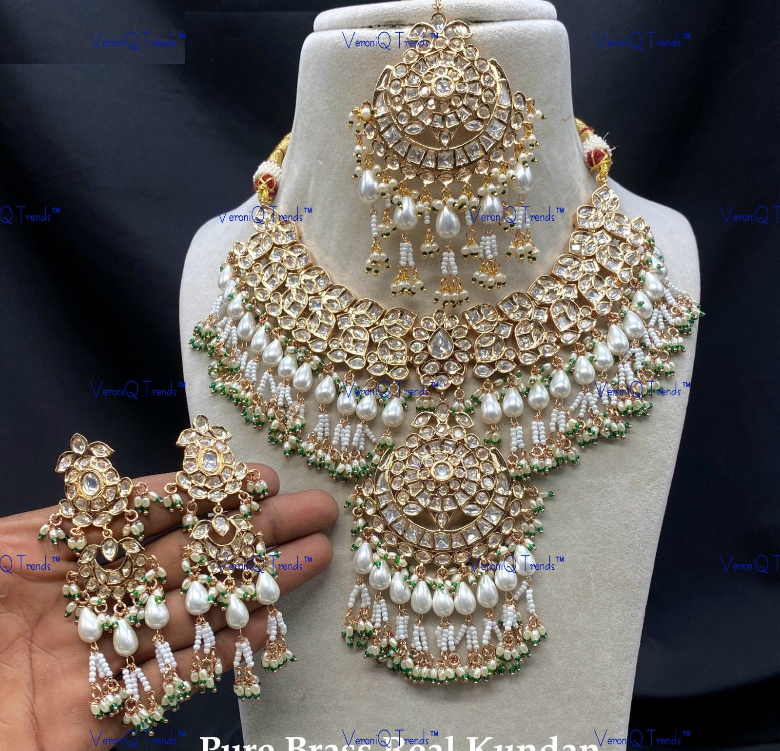VeroniQ Trends-Traditional Bridal Kundan Polki Necklace With Earrings And Maang Tika Polki-Gold Plated-Wedding Jewellery-Punjabi Jewellery-South Indian-Thappa Jewellery