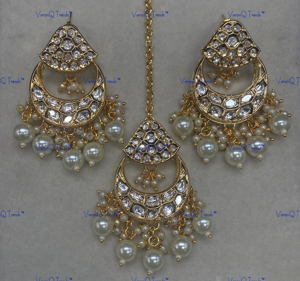 VeroniQ Trends-Traditional Kundan Polki Earrings And Maang Tika Polki-Gold Plated-Wedding Jewellery-Punjabi Jewellery-South Indian-Thappa Jewellery