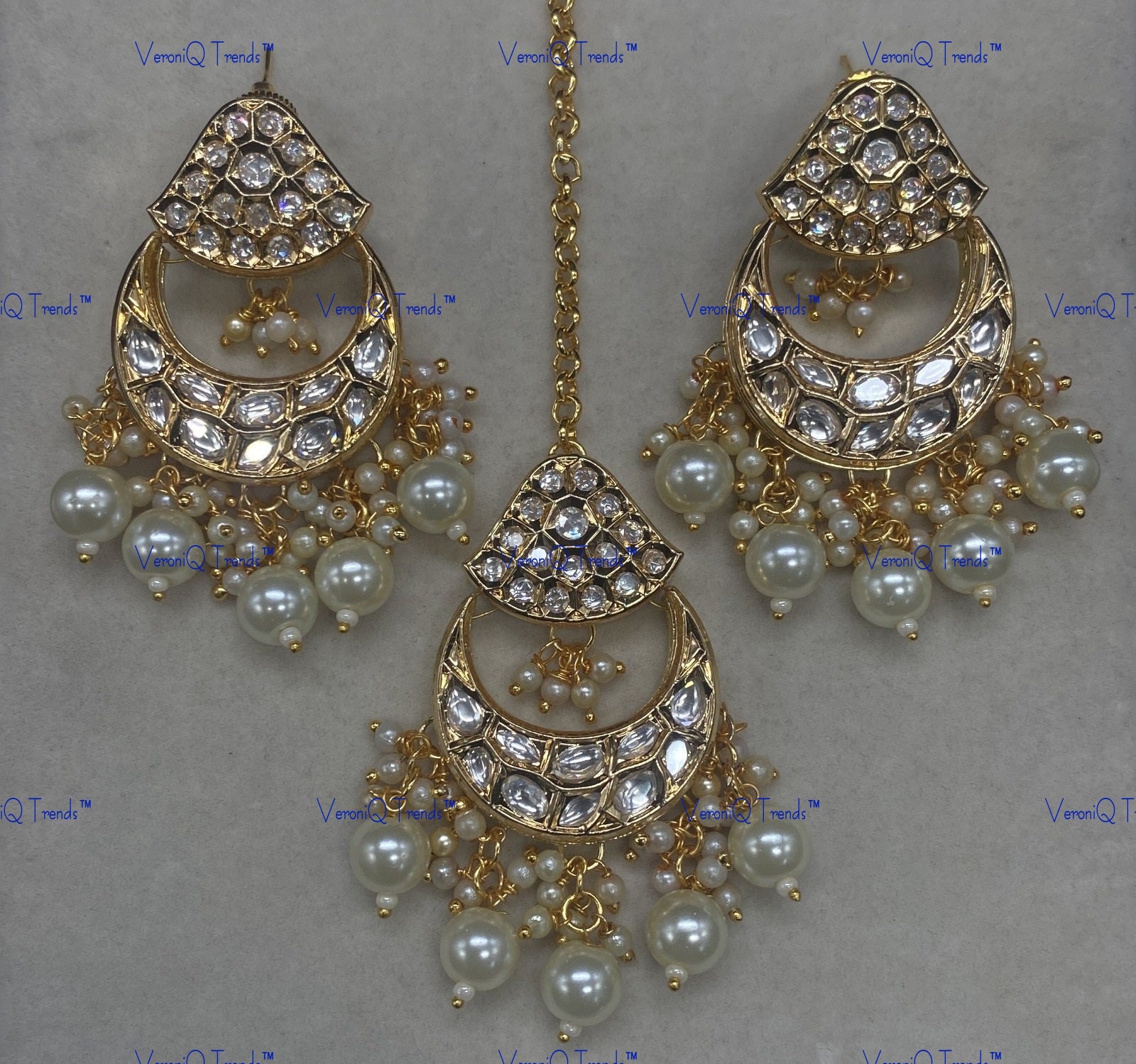 VeroniQ Trends-Traditional Kundan Polki Earrings And Maang Tika Polki-Gold Plated-Wedding Jewellery-Punjabi Jewellery-South Indian-Thappa Jewellery
