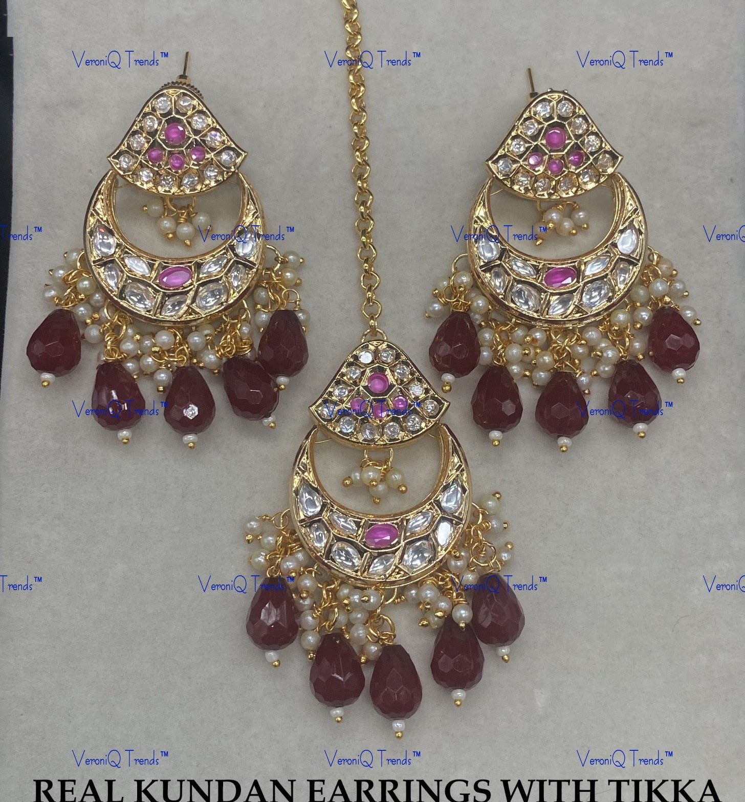 VeroniQ Trends-Traditional Kundan Polki Earrings And Maang Tika Polki-Gold Plated-Wedding Jewellery-Punjabi Jewellery-South Indian-Thappa Jewellery