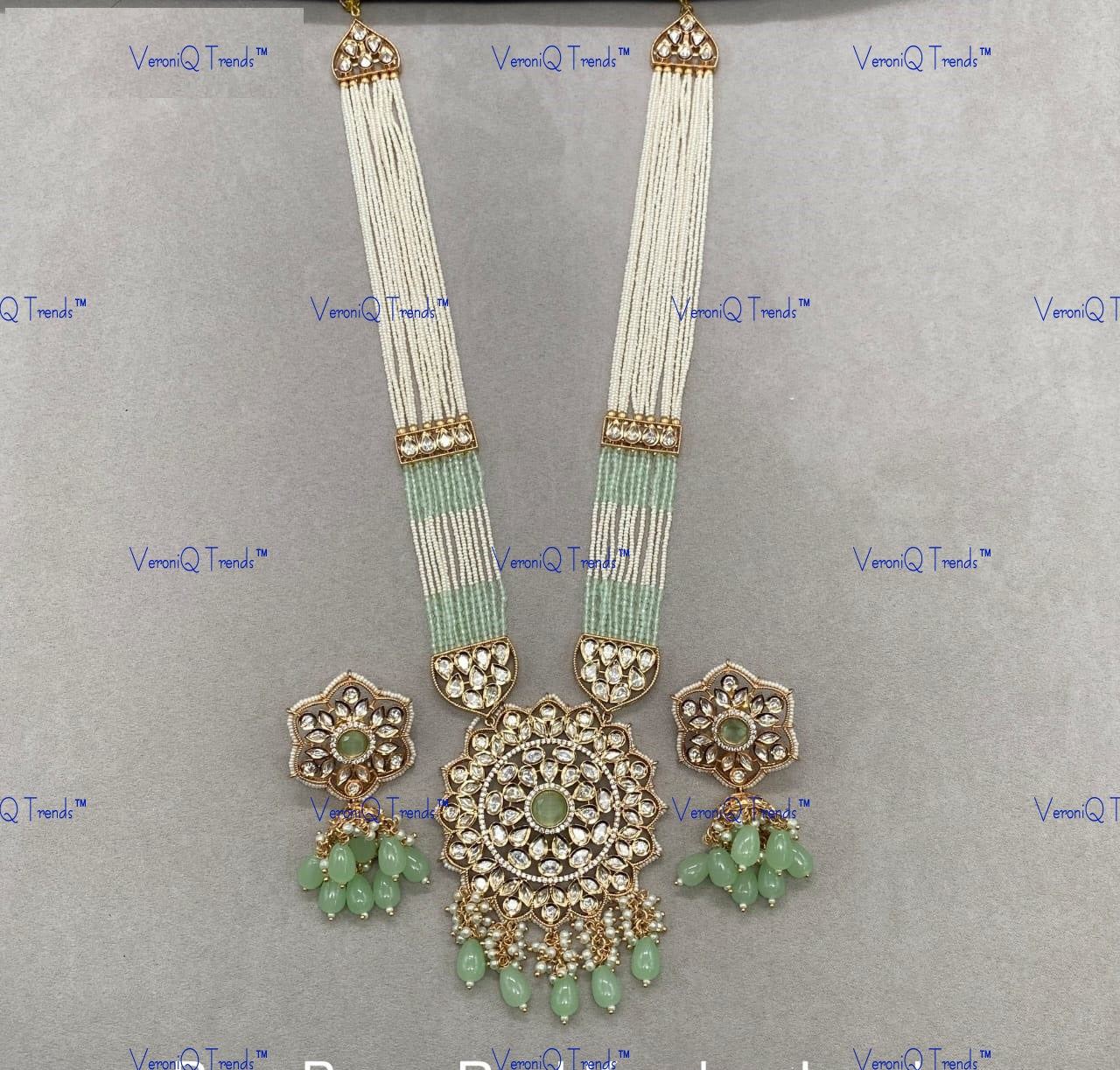 VeroniQ Trends-Traditional Multistrand Kundan Polki Long Necklace With Green Beads Polki-Gold Plated-Wedding Jewellery-Punjabi Jewellery-South Indian-Thappa Jewellery
