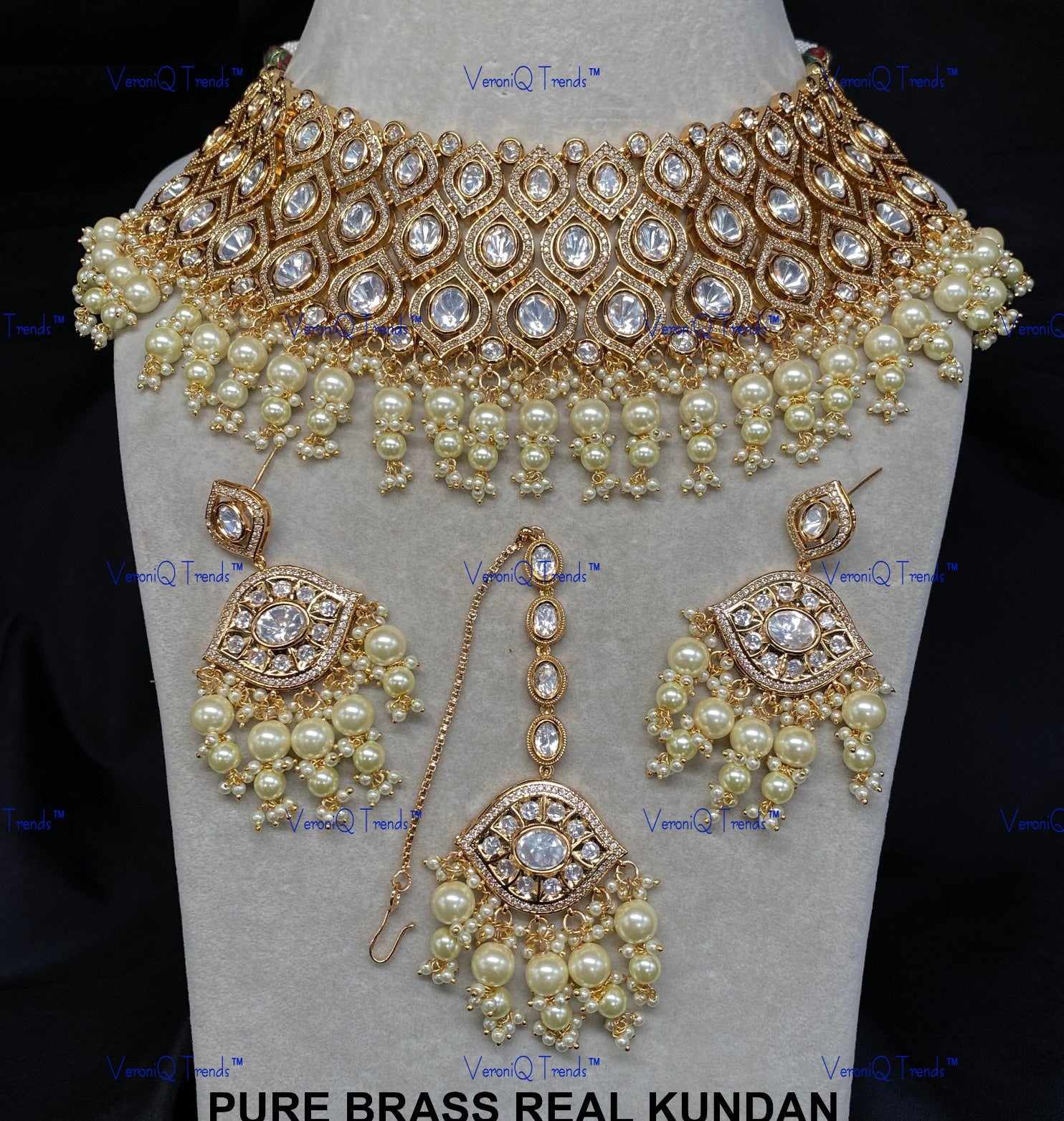 VeroniQ Trends-Bridal Diamond Look Kundan Polki And Pearl Choker Necklace Polki-Gold Plated-Wedding Jewellery-Punjabi Jewellery-South Indian-Thappa Jewellery