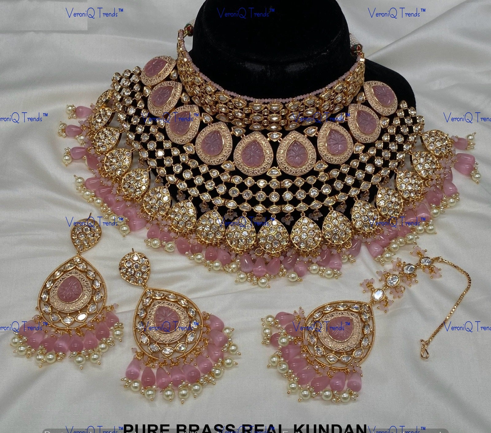VeroniQ Trends-Bridal Baby Pink Carved Stone Kundan Polki And Pink Beads Choker Necklace Polki-Gold Plated-Wedding Jewellery-Punjabi Jewellery-South Indian-Thappa Jewellery
